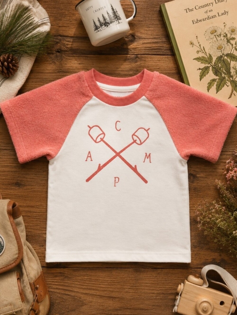 Miles Baby Marshmallow Sticks Camp Tee 2T NWT Coral Terry Raglan Shirt